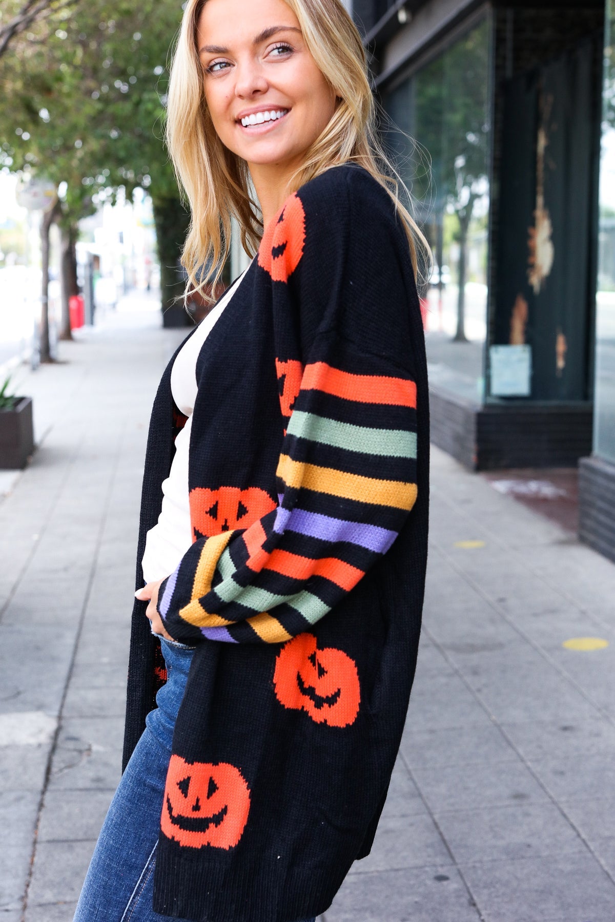 Maxct &Pumpkin Multicolor Stripe Jacquard Knit Open Cardigan