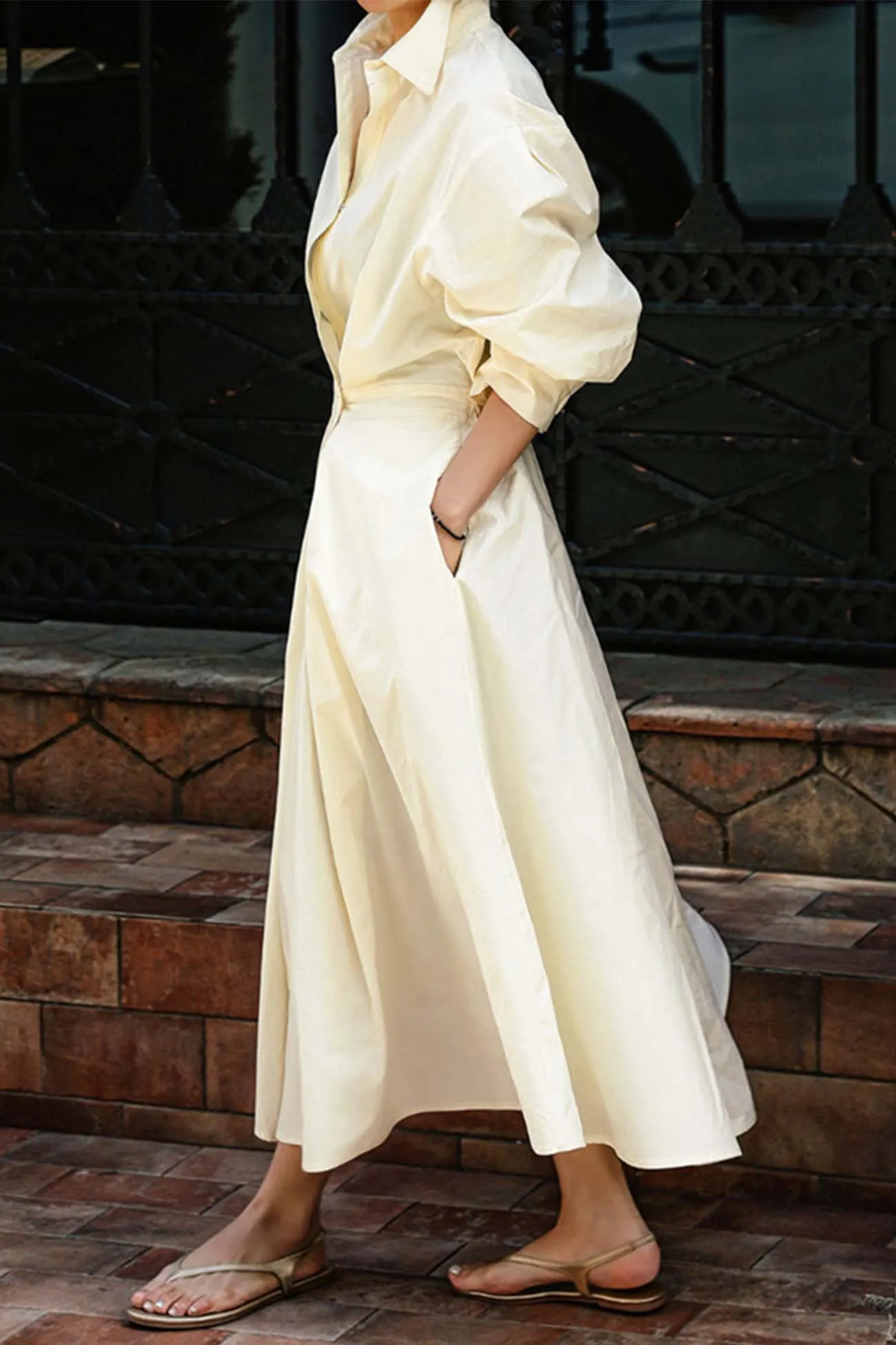 Maxct Cotton Long Sleeve A-Line Shirt Midi Dress