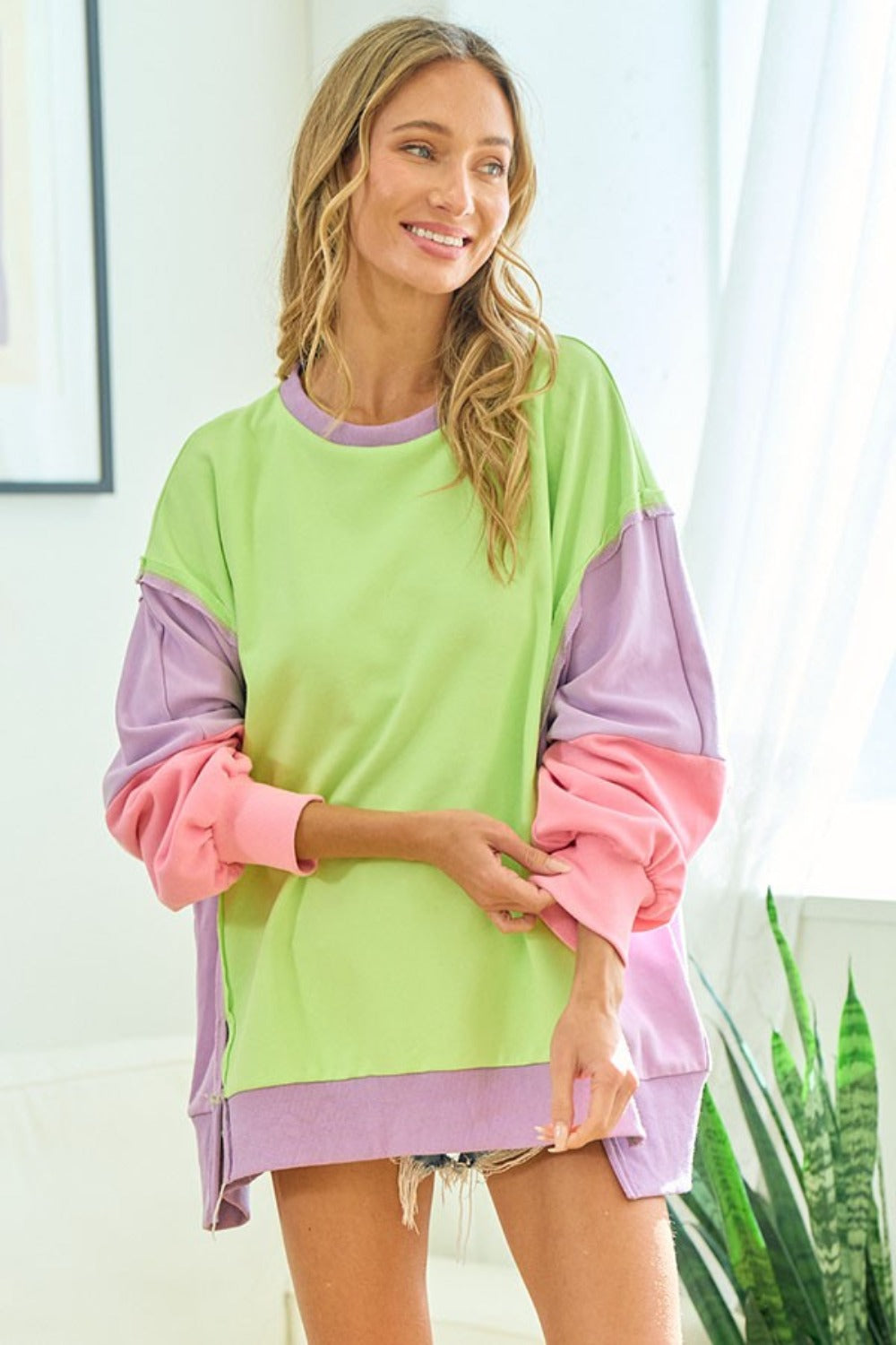 Maxct &First Love Color Block Long Sleeve Slit Sweatshirt