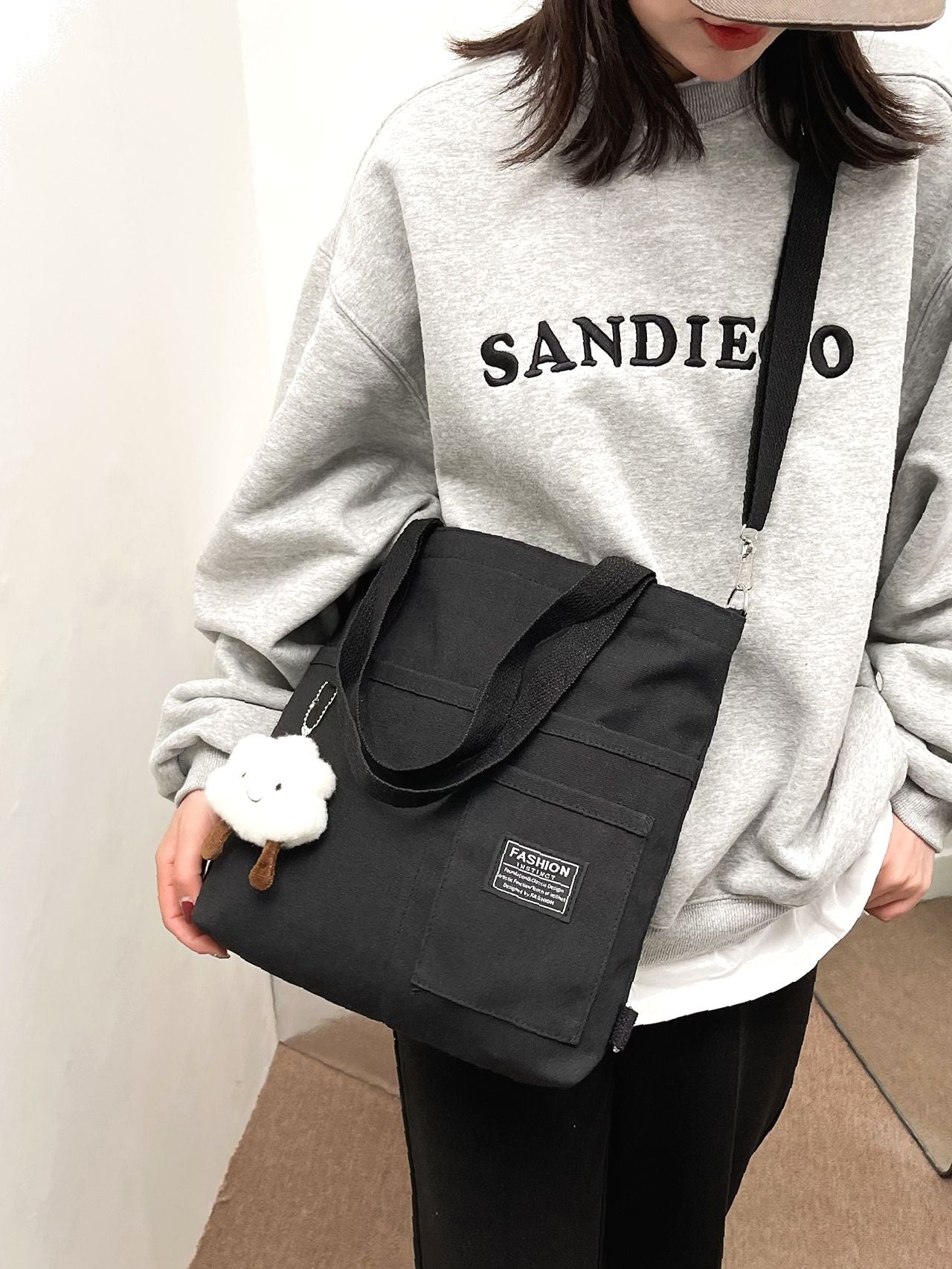 Maxct - Letter Graphic Shopper Bag with Bag Charm  - Women Tote Bags