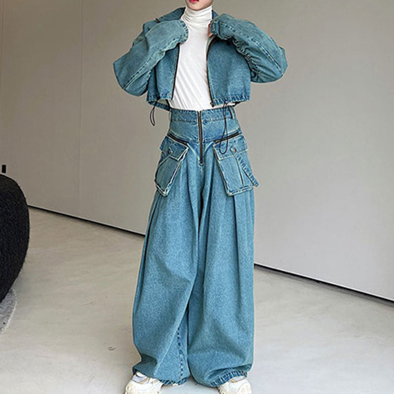 Maxct Loose Oversized Cropped Jacket Denim Set
