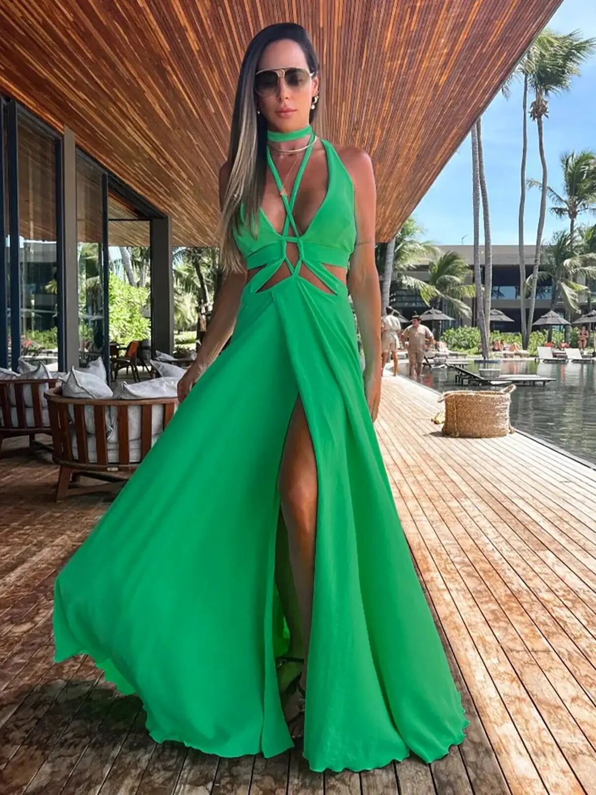 Maxct Women Halter Neck Tie Backless Beachwear Green Cover Up Party Ladies Dresses Casual Summer Clothing Fashion Long Dress