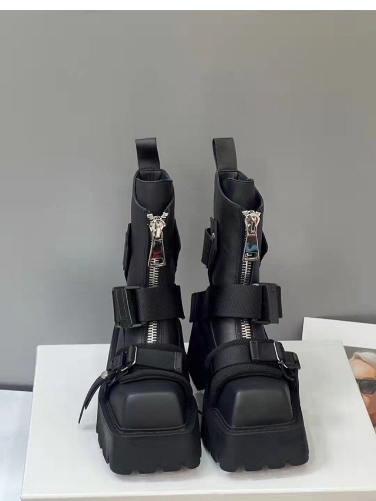 Belt Buckle Black Biker Boots for Women Maxct