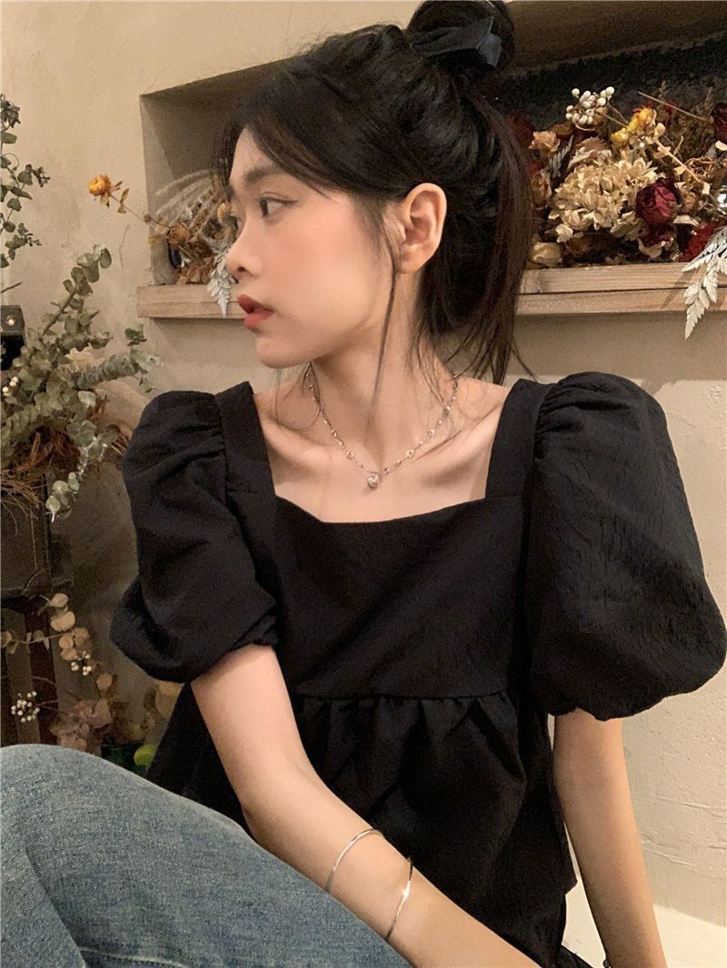 Blouses Women Square Collar Sweet Loose French Style Puff Sleeve Chic Ruffles Simple Ulzzang Solid Fashion Temper Student Summer