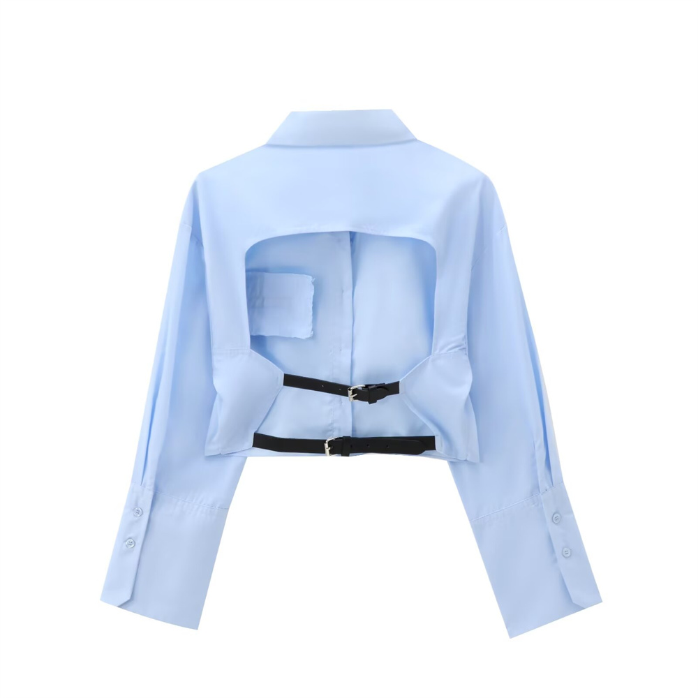 Autumn New Product Women's Fashion Style Blue Backless Belt Poplin Turnover Long Sleeve Shirt