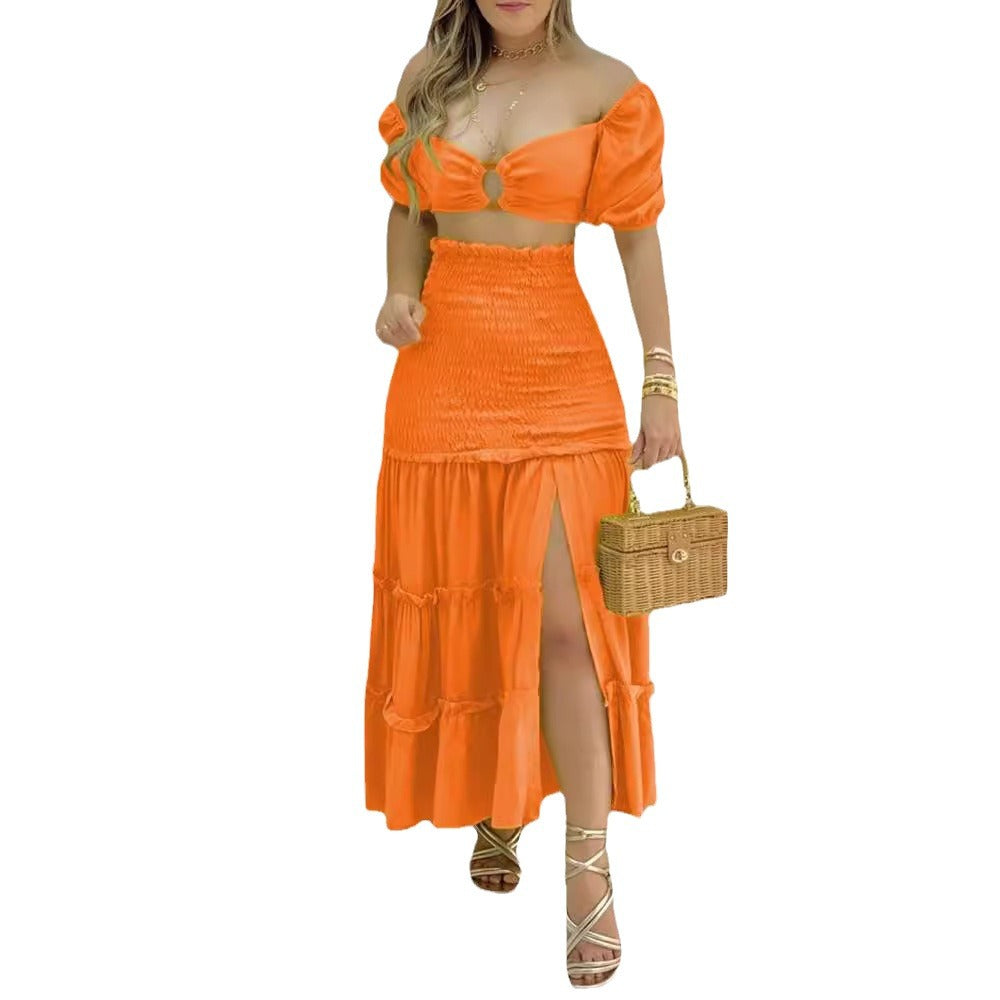 Off-Shoulder Zip-Up Dress Two-Piece Set Maxct
