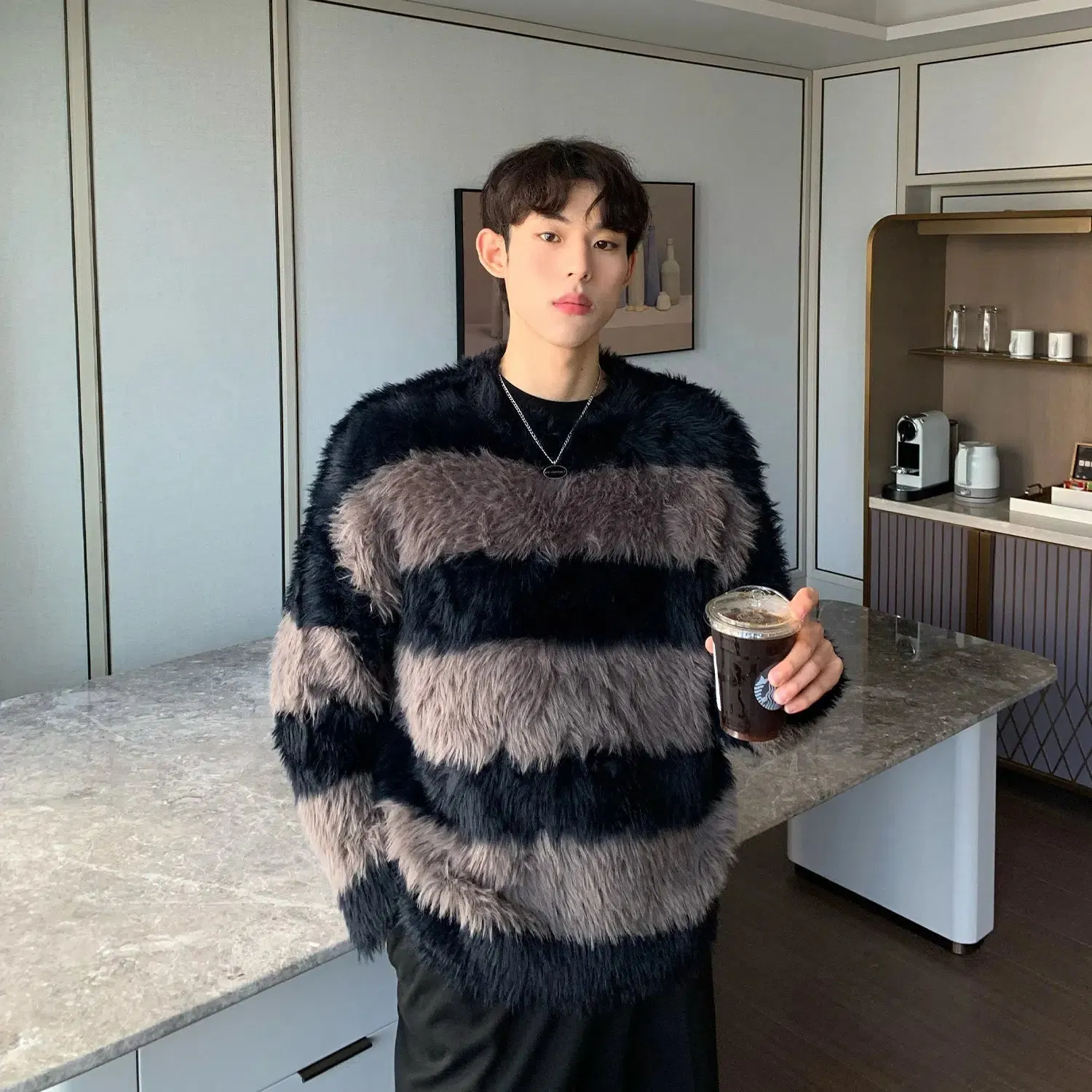Maxct Faux Mink Plush Striped Sweater