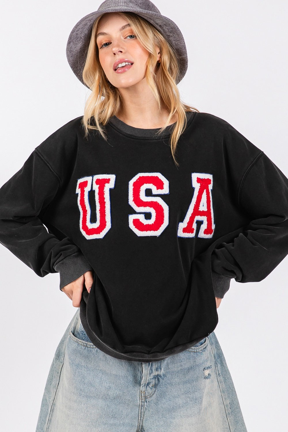 Maxct &SAGE + FIG USA Letter Patch Round Neck Sweatshirt