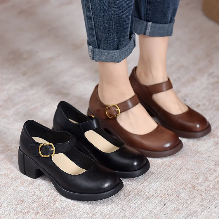 Handmade Pumps Mary Jane Heels Sandalss Round Toe  Retro Velcro Sandals Black/Brown Maxct