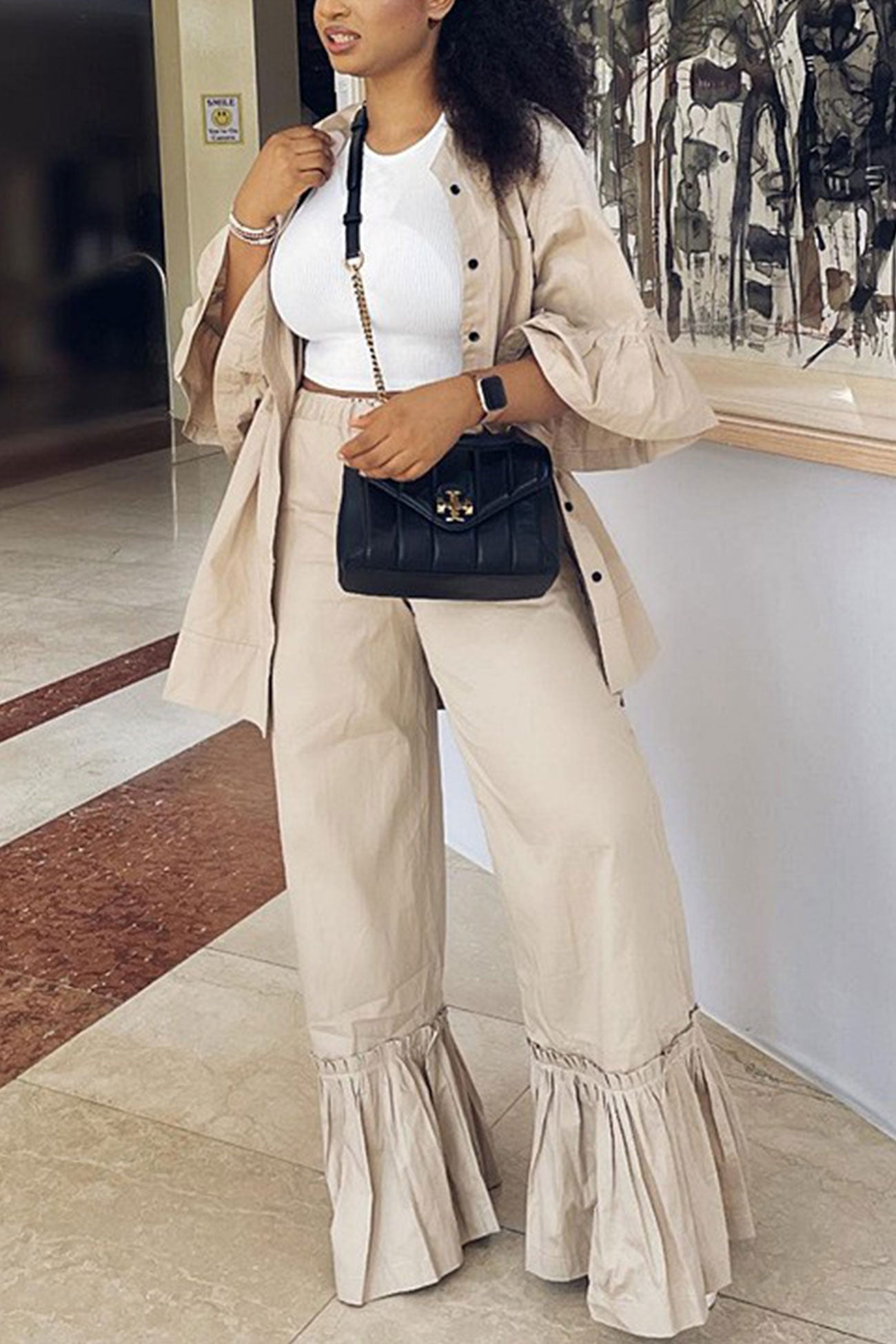 Maxct-Ruffle Half Sleeve Shirt Flares Pants Suits