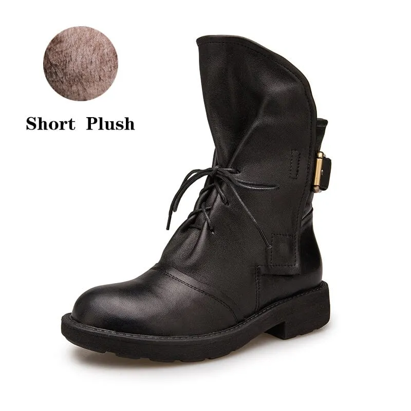 Womens Retro Sheepskin Short Boots for Winter Lace Up Buckles Boots Coffee/Black Maxct