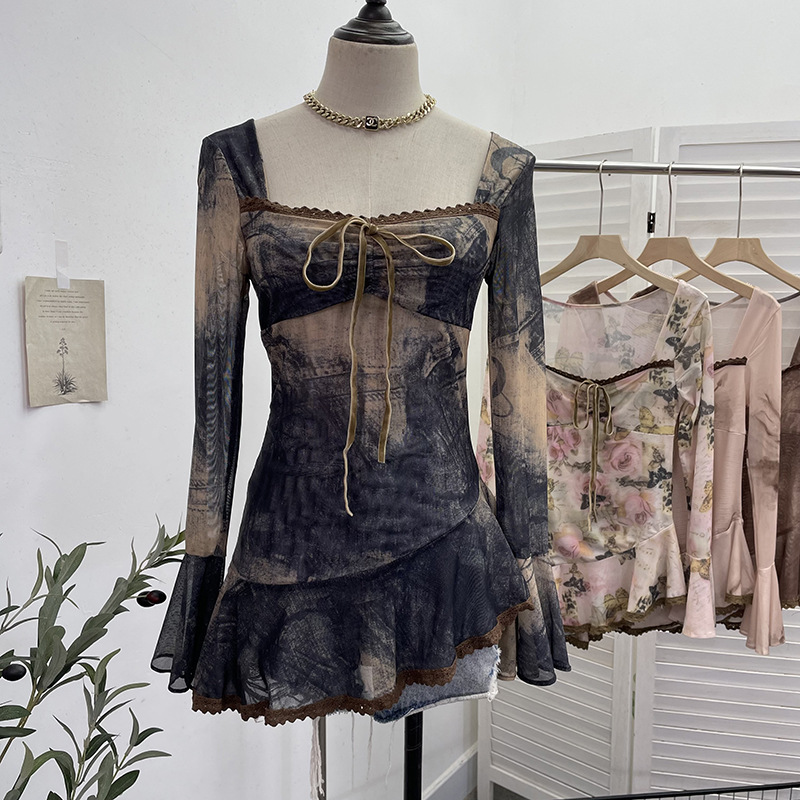 Maxct Spring and Summer New French Square Collar Lace-up Blooming Flared Long-Sleeved Top Lace Edge Design T-shirt 9980