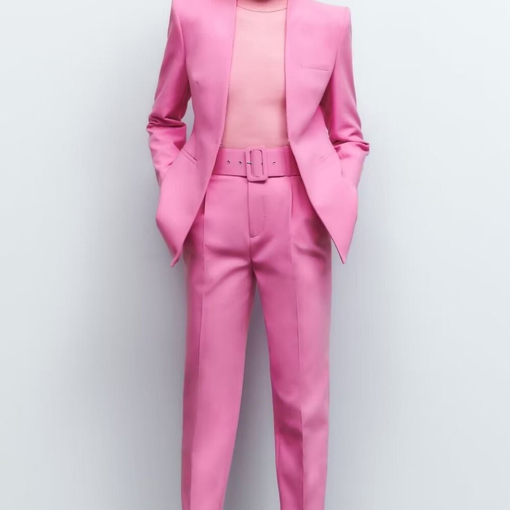 Maxct 2024 Women Fashion Two Pieces Sets Office Wear Blazers Coat And With Belt High Waist Pants Female