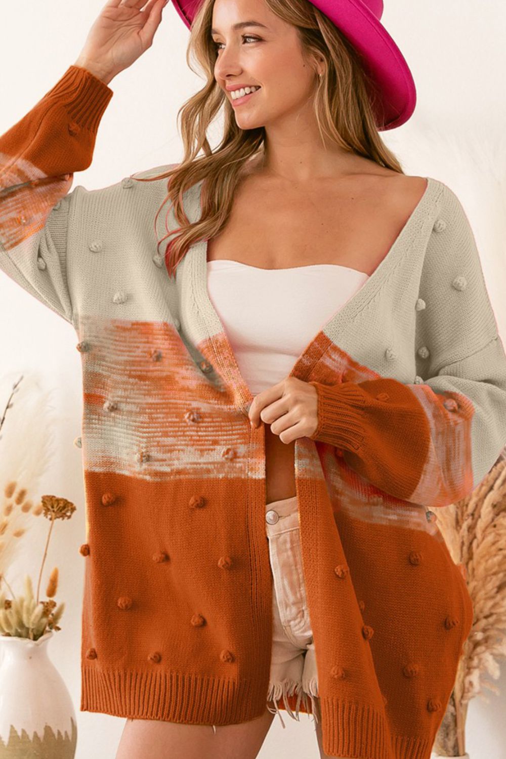 Maxct &Pompom Color Block Open Front Cardigan