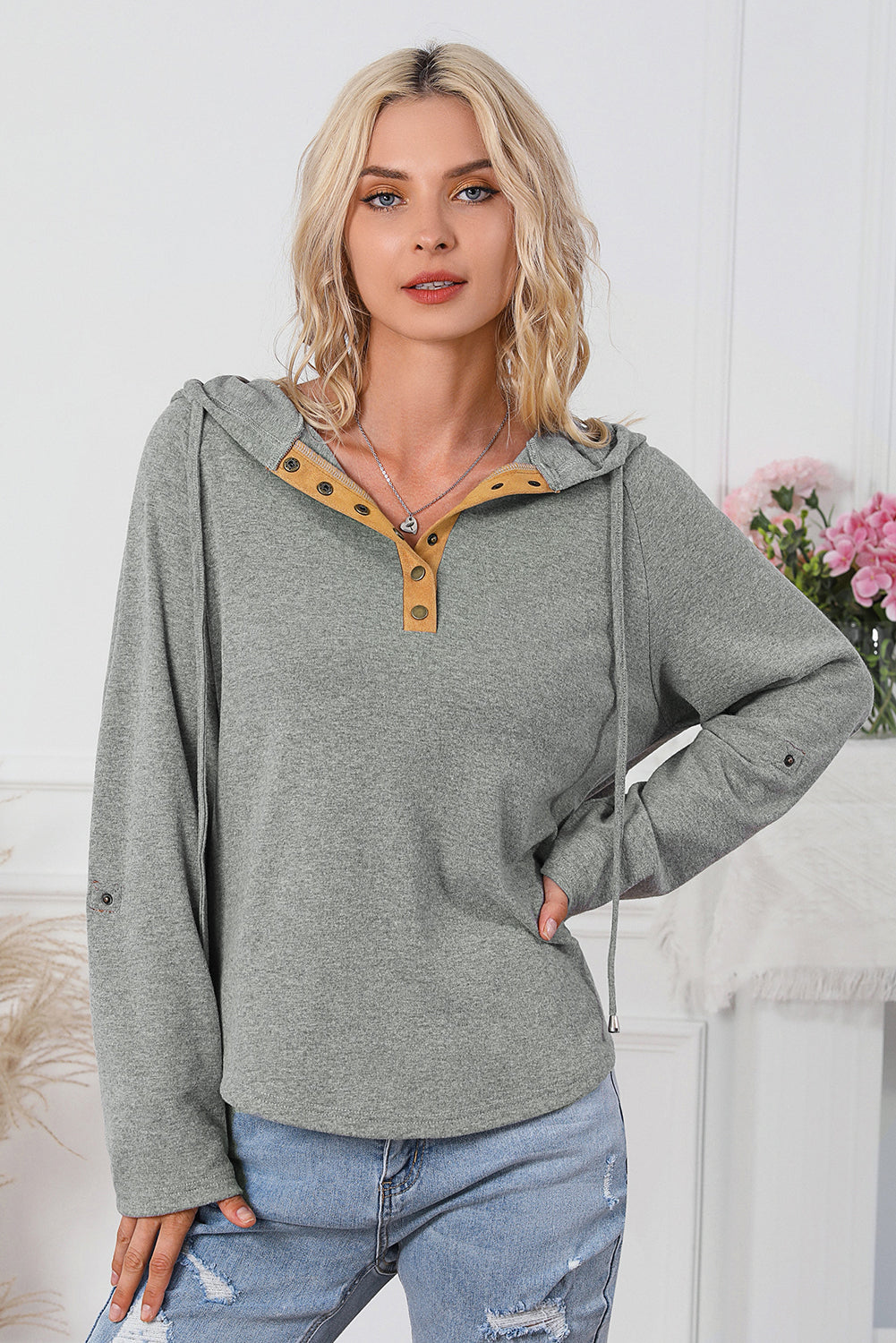 Maxct &Drawstring Quarter Snap Long Sleeve Hoodie