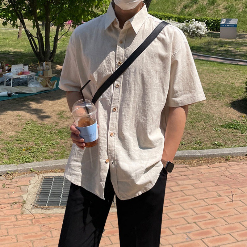 Maxct boy outfits Short Sleeve Shirt Men's Summer Japanese Loose Casual Lapel Solid Color Half Sleeve Shirt