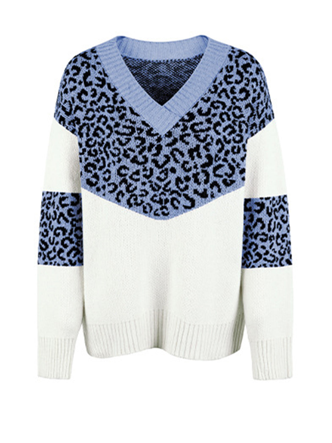 Maxct &Leopard V-Neck Dropped Shoulder Sweater
