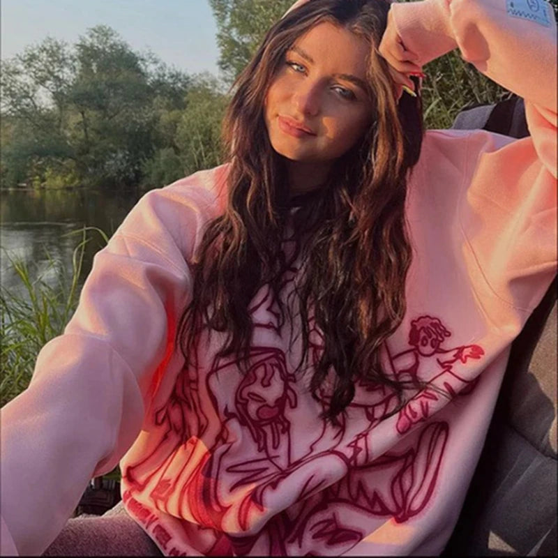 Maxct Cartoon Graphic Print Hoodies Women Men Y2K Streetwear Harajuku Long Sleeve Pink Hooded Sweatshirt Vintage Casual Loose Hoodie