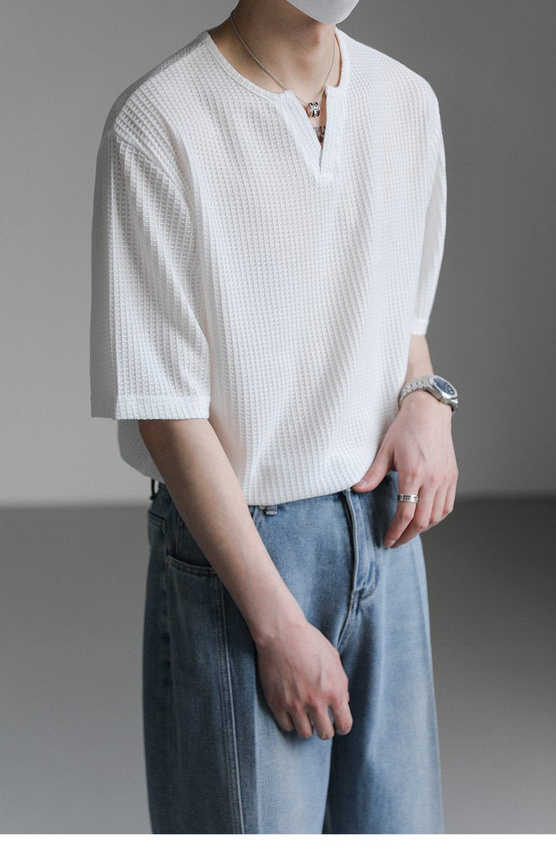 Maxct 90s Streetwear Summer New Korean Style Loose Small V-neck Short-sleeved T-shirt Men's Fashion Brand Wafflet High-end Sense Half-sleeved T-shirt Top