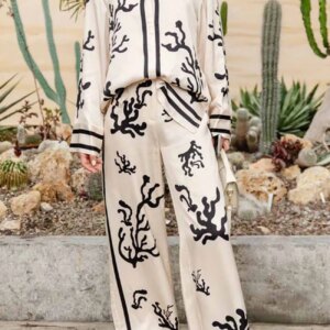 Maxct Satin Contrast Printed Button Long Pants Set