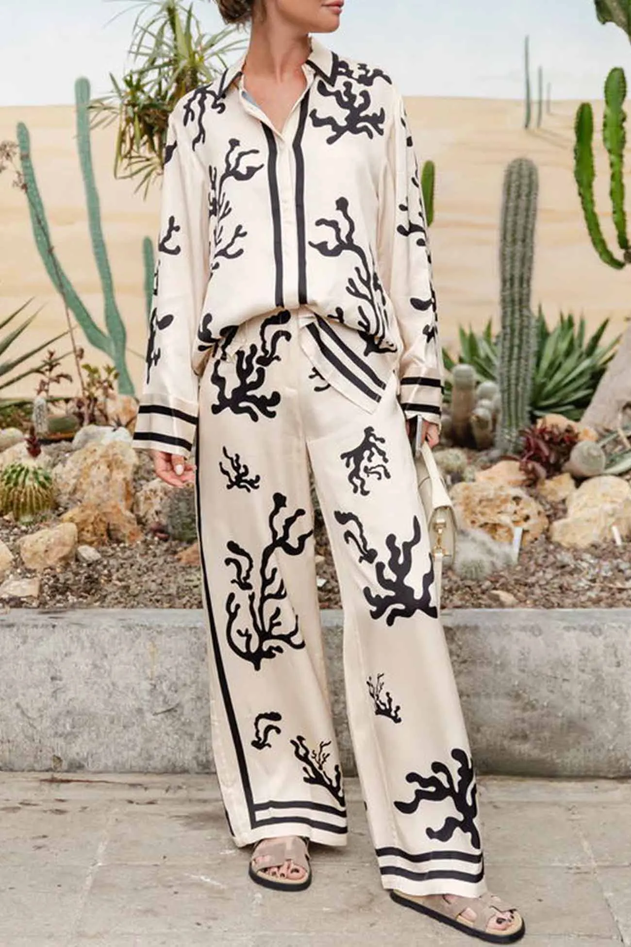 Maxct Satin Contrast Printed Button Long Pants Set