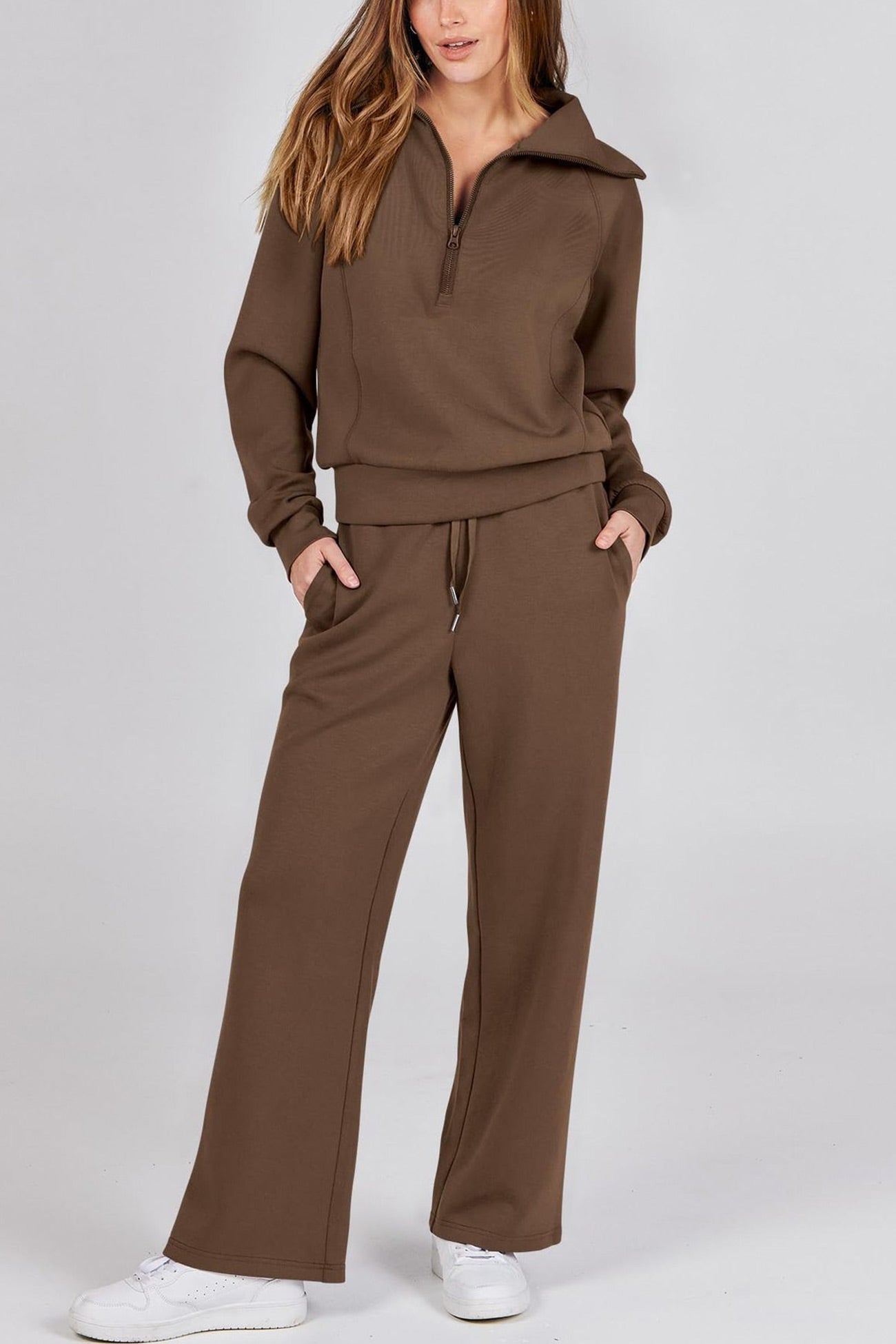 Maxct Lapel Zip-up Sweatshirt Wide Leg Long Pants Set