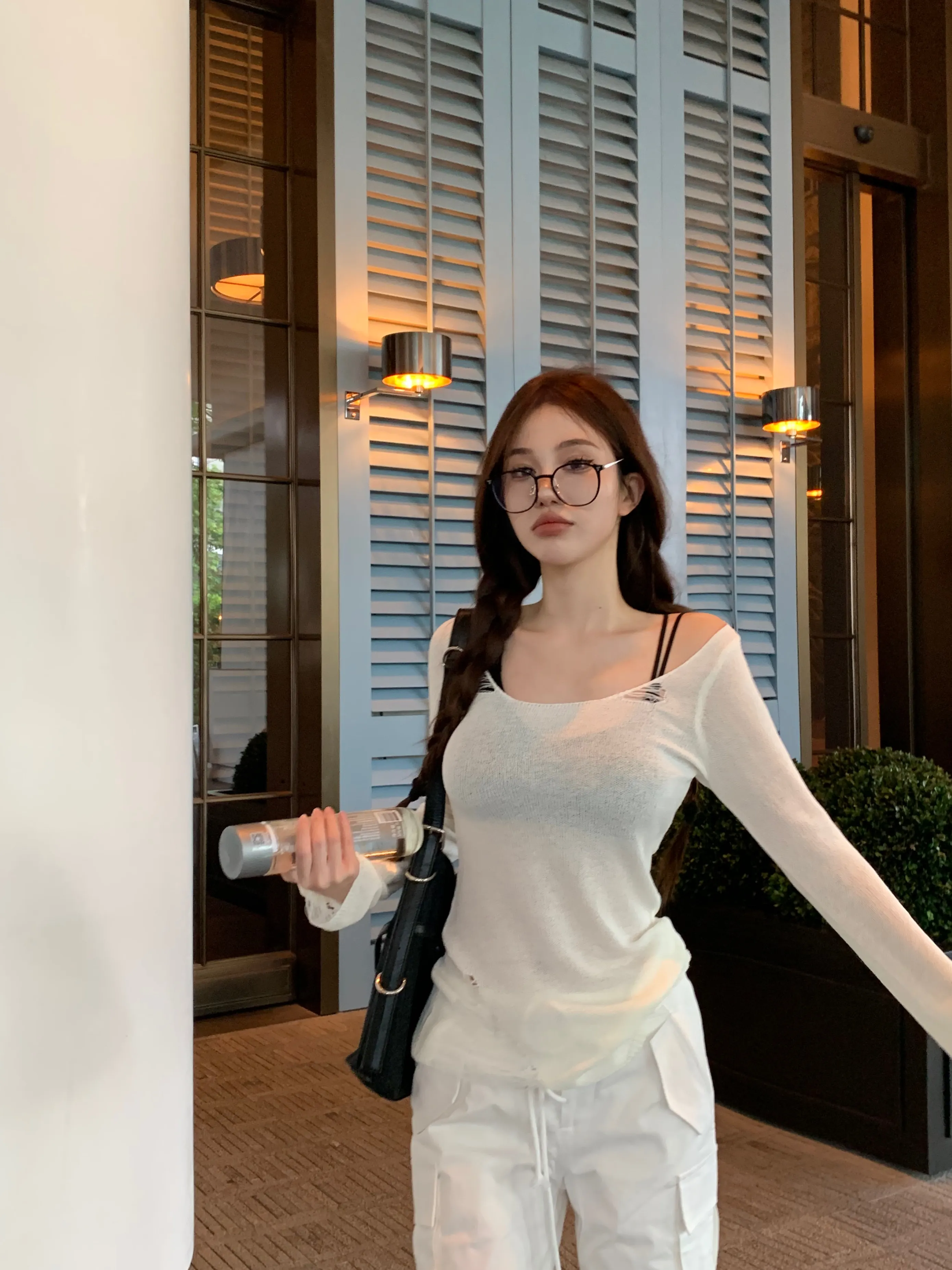 Maxct Korean Style Long-sleeved Ripped Thin Knitted Sunscreen Blouse T-shirt Tops With Small Tube Top Fashion Women's Clothing
