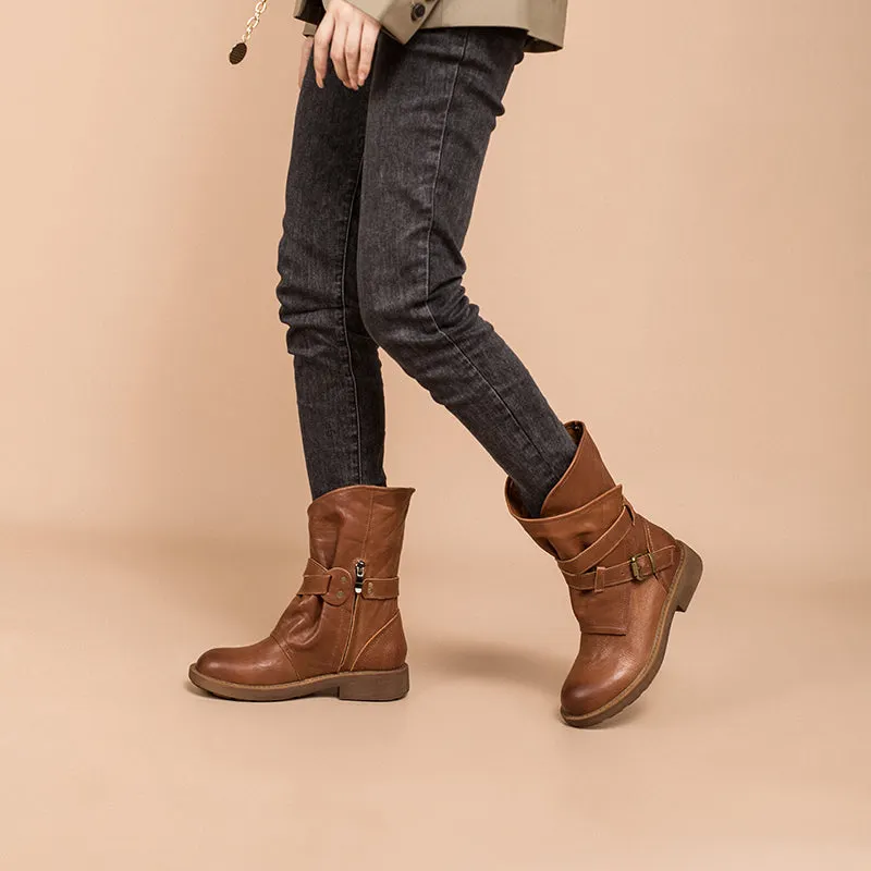 Womens Retro Mid Calf Boots for Winter Buckles Boots Coffee/Brown/Black Maxct