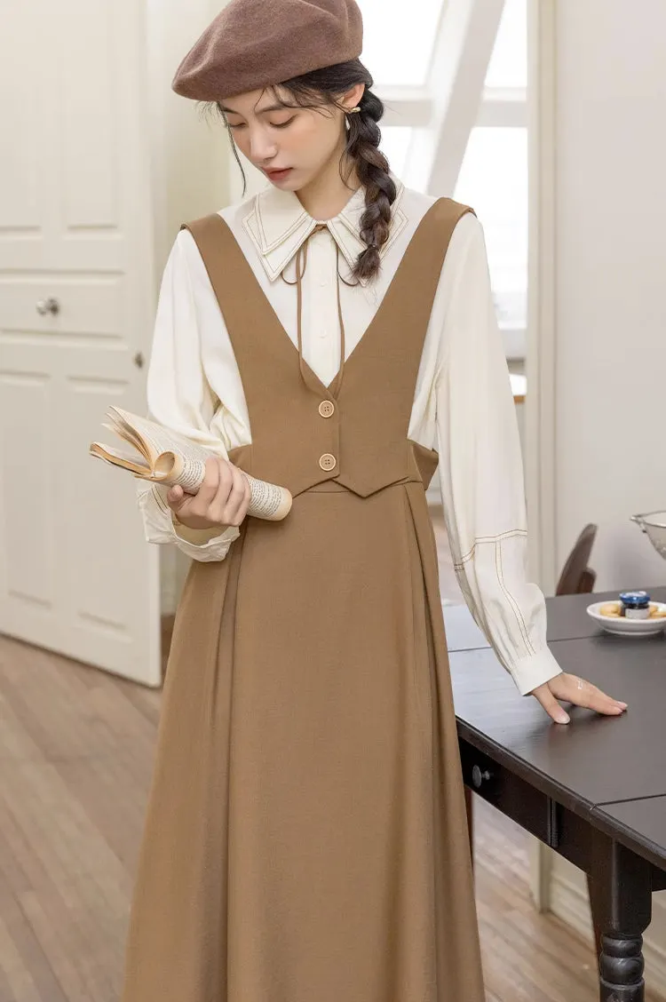 Basic Woven Vest Pinafore Dress / Blouse Maxct