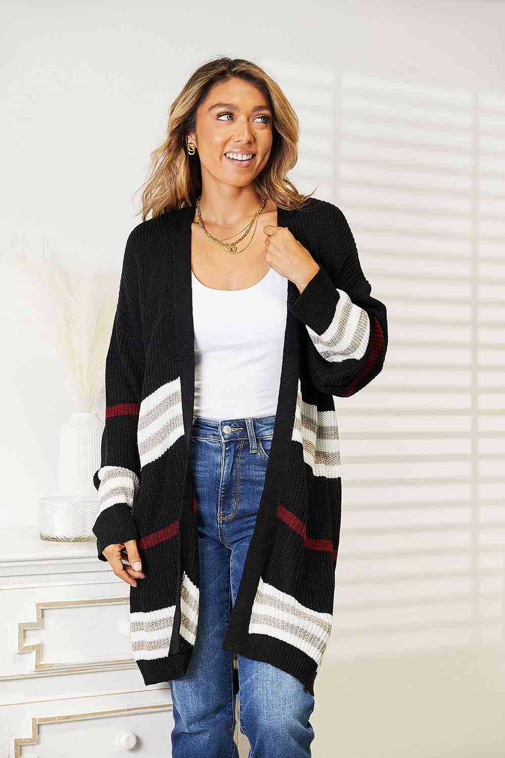 Maxct &Double Take Striped Rib-Knit Drop Shoulder Open Front Cardigan