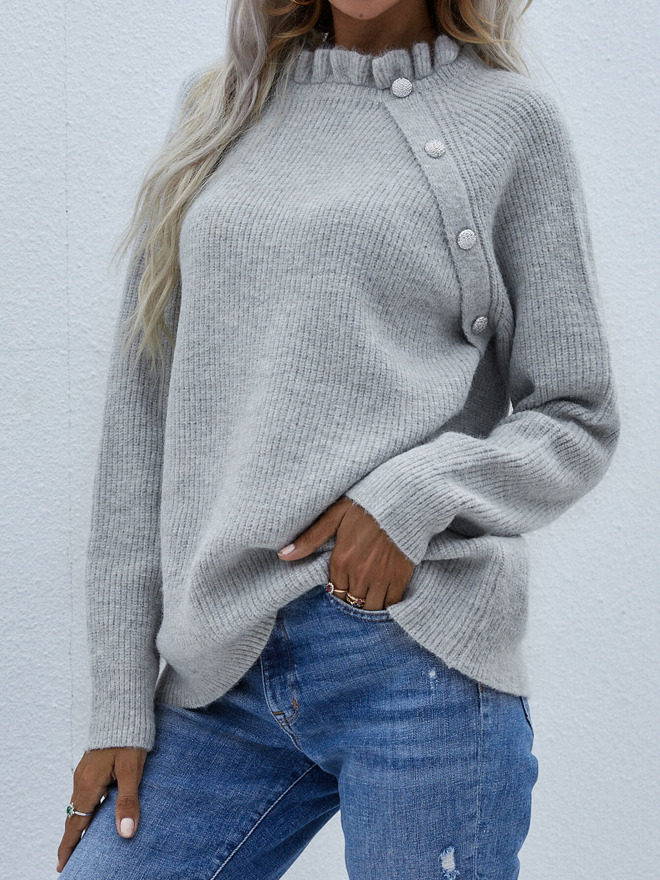 Maxct &Button Detail Frill Neck Rib-Knit Sweater