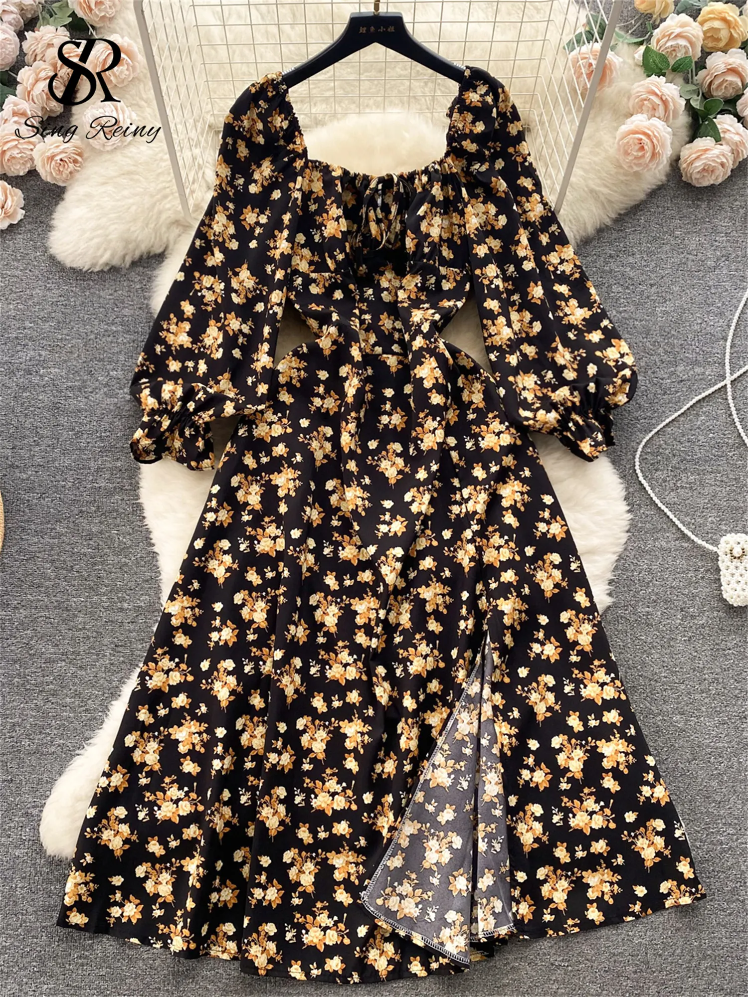 Maxct Summer Chiffon Split Midi Dress Women Square Collar Puff Sleeve Elastic Waist Gentle Korean Flora Print Sexy Dress