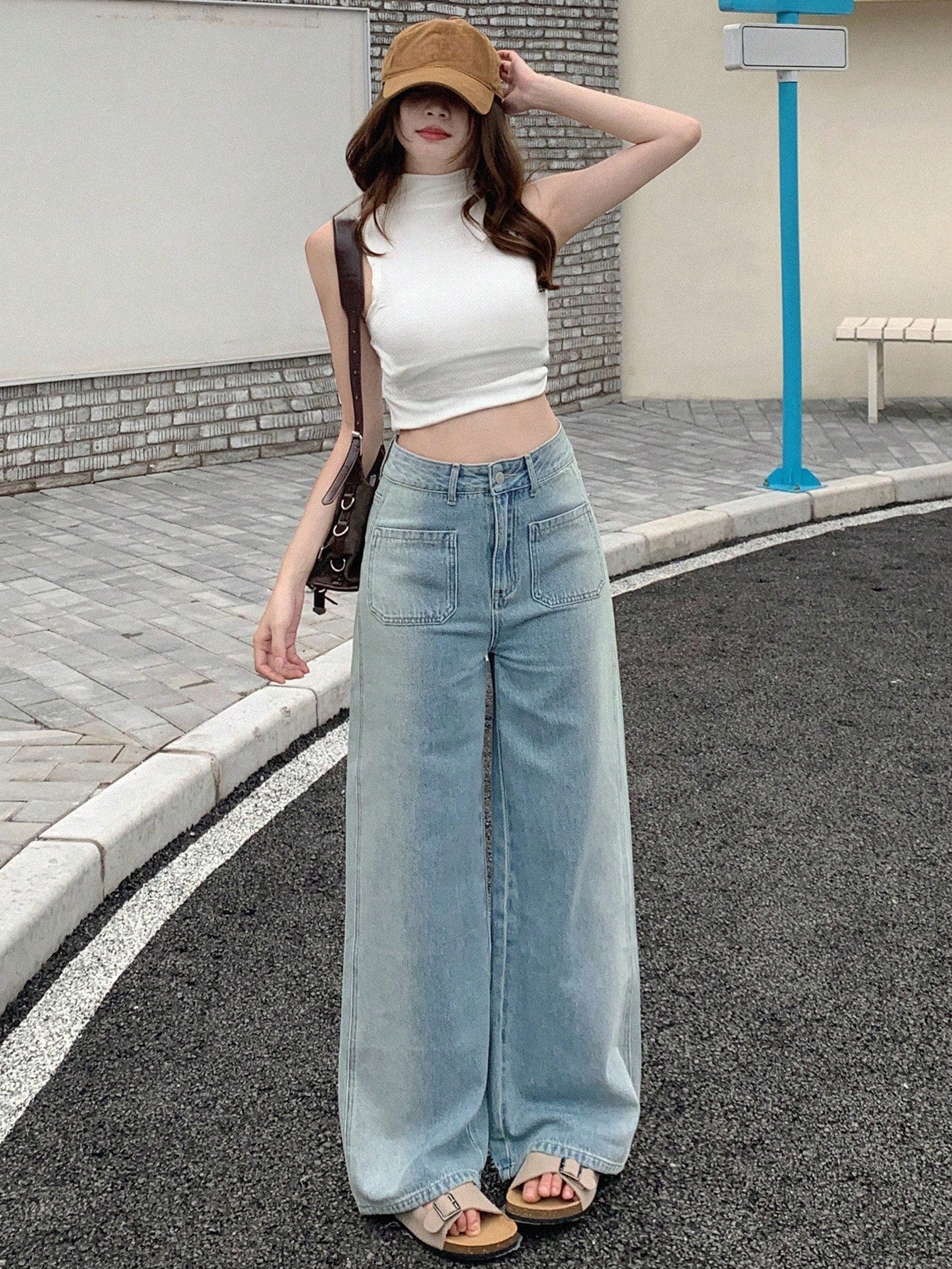 Maxct Women Casual Wide Leg Denim Pants With Pockets For Daily Wear