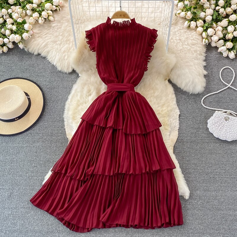 Women's Purple/Pink/Green Draped Dress Vintage Ruffle Stand Collar Sleeveless High Waist Party Pleated Vestidos Female New