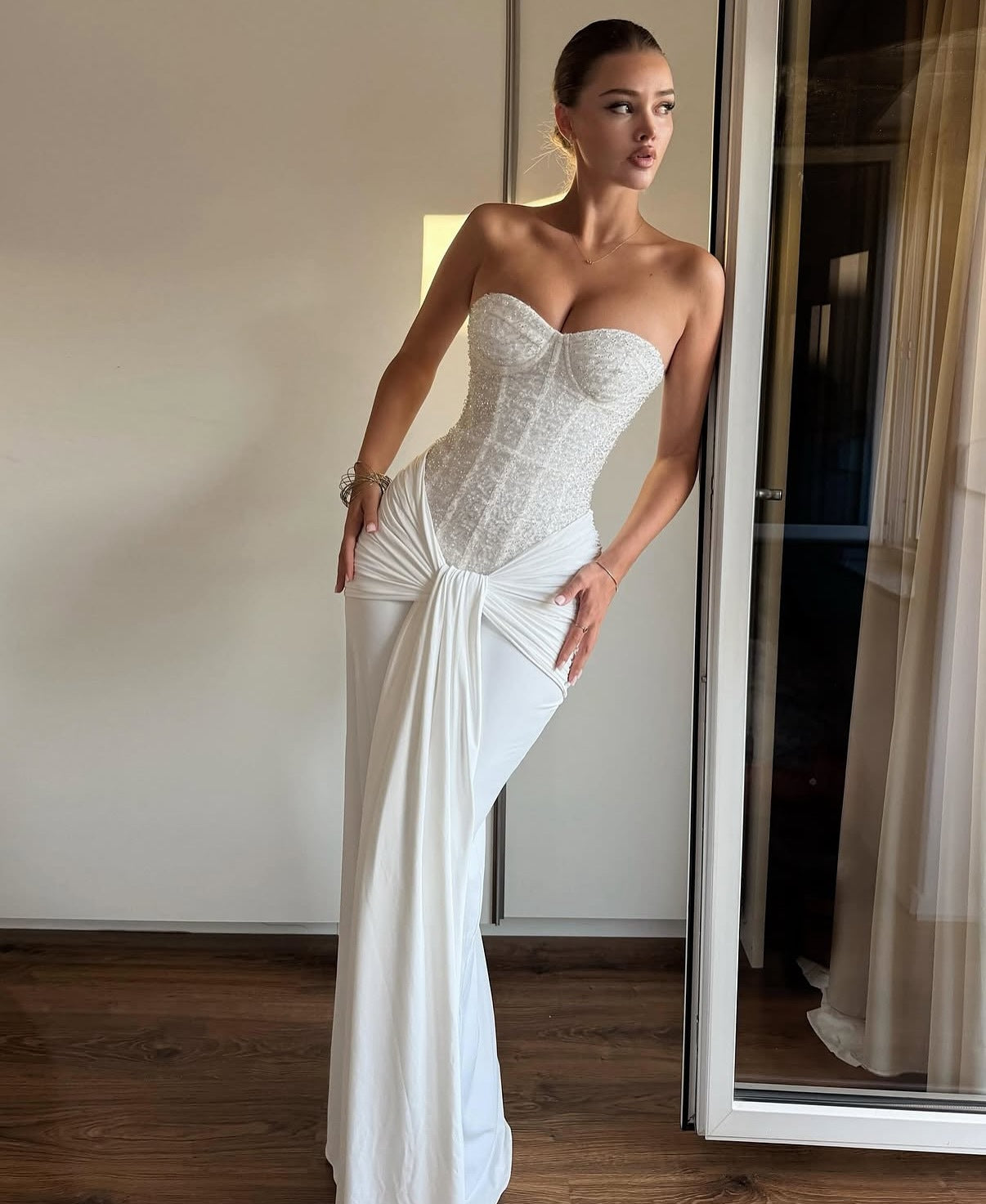 Ribbon Slim-fit Sequined Tube Top Midi Dress Maxct