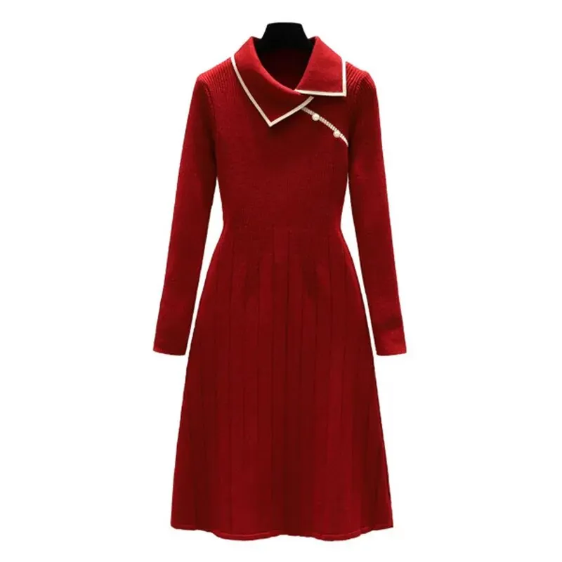 Maxct Winter New Knitted Bottoming Dress for Women High-end Temperament Lapel Long Sleeve Button Deco A-line Sweater Long Dress