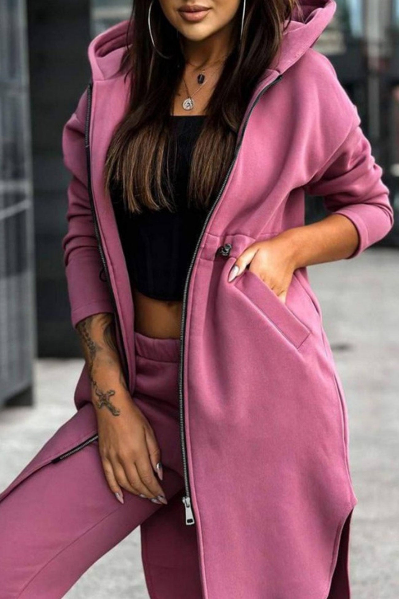 Maxct Elastic Waist Mid-length Hoodie Pants Set