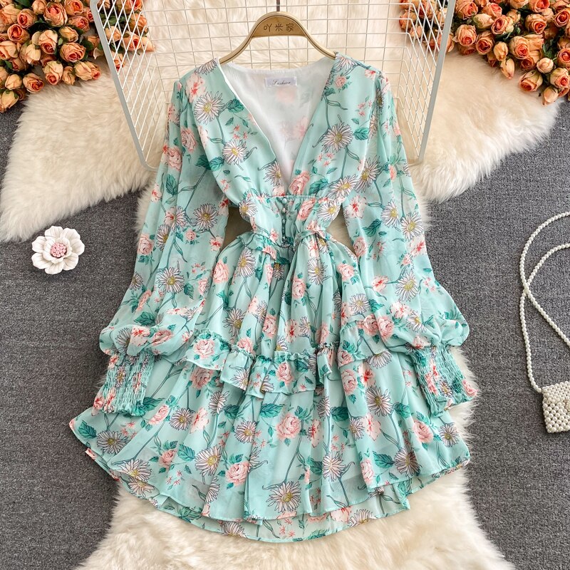 Women's Green/Purple/Beige Floral Chiffon Dress Bohemian V-Neck Lantern Long Sleeve High Waist Ruffle Vestidos Female New