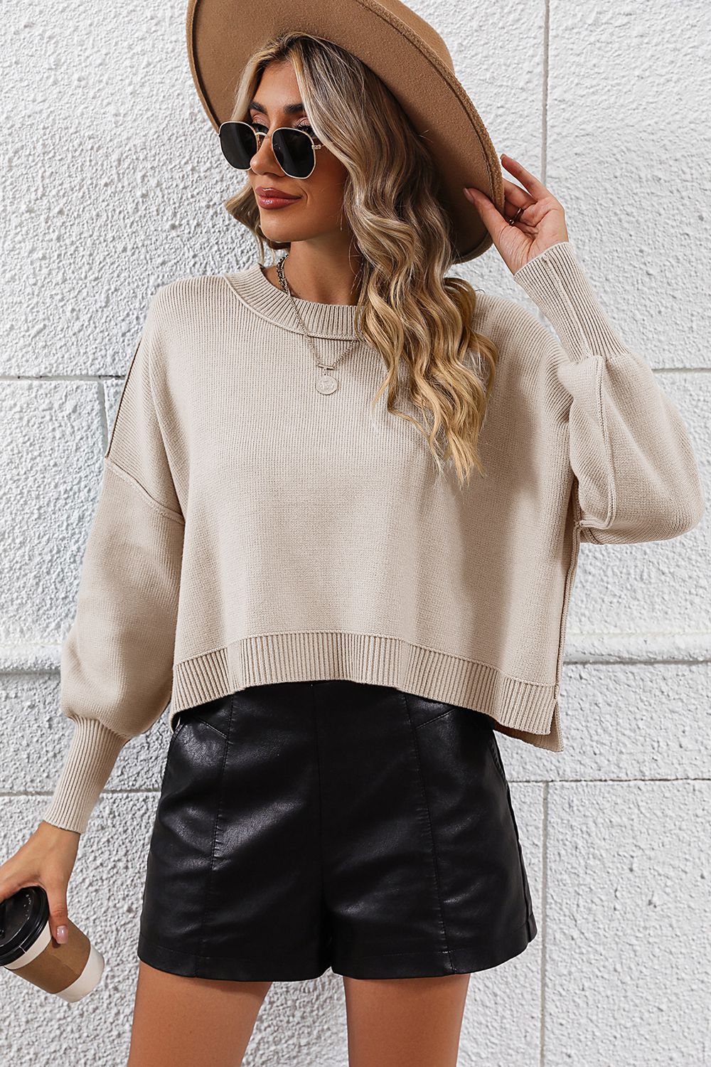 Maxct &Round Neck Dropped Shoulder Pullover Sweater