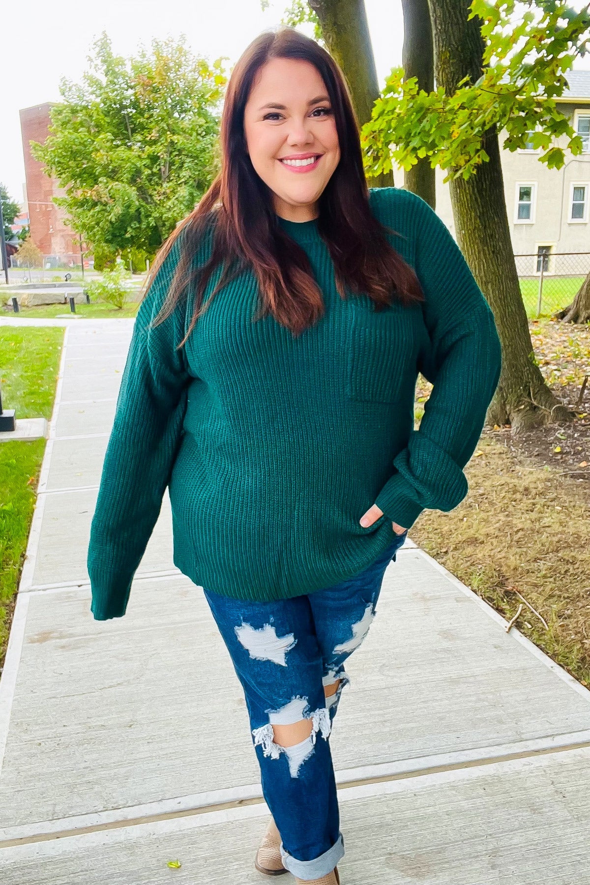 Maxct &Classy Chic Hunter Green Mock Neck Chest Pocket Knit Sweater
