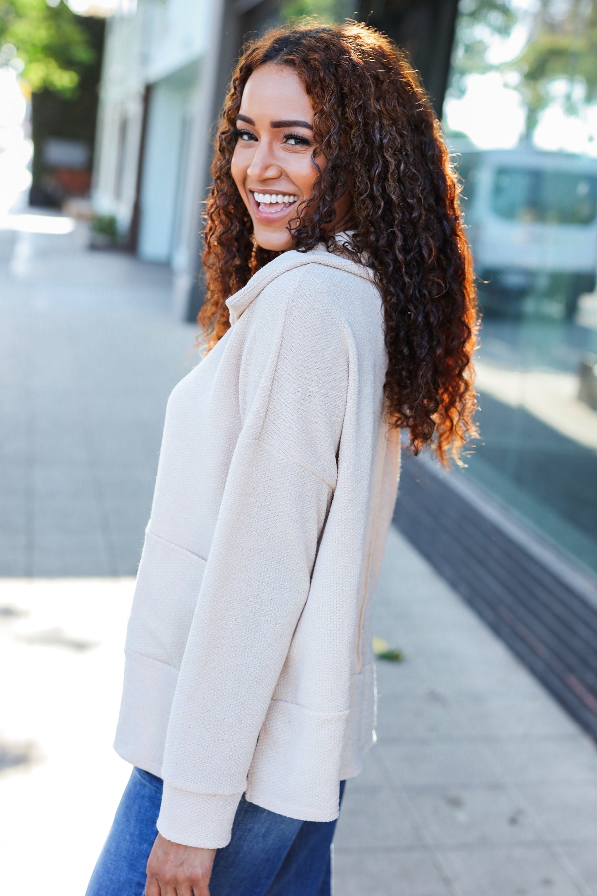 Maxct &Easy Living Oatmeal Textured Knit Notch Neck Oversized Collar Sweater