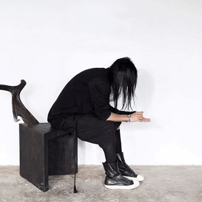 Leather Sneakers  Black Round Toe High-top Unisex Maxct
