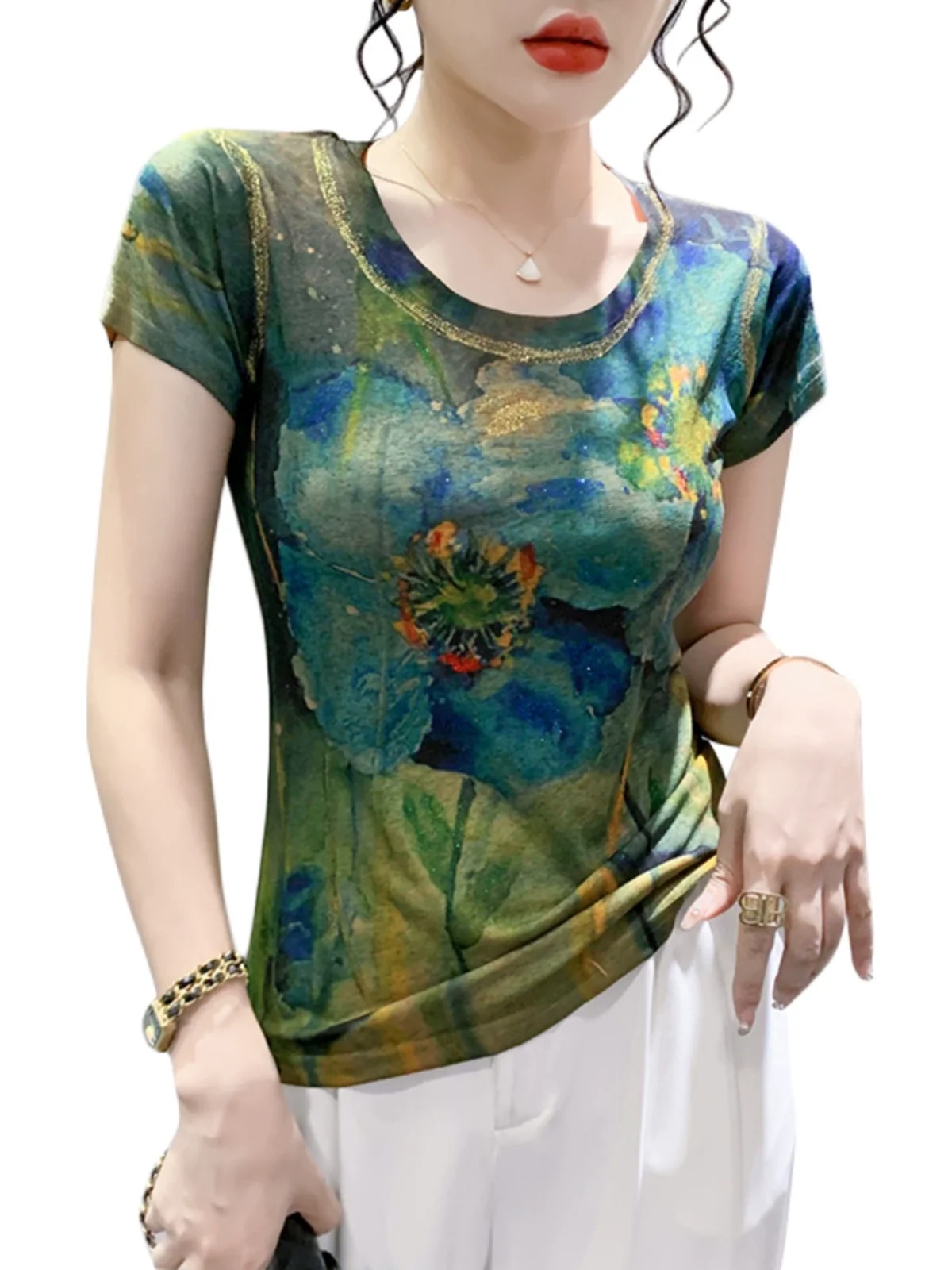 Maxct Summer Fashion Bronzing T-shirts Women's Printed Floral High Stretchy Tops Tees Lady Slim T Shirt