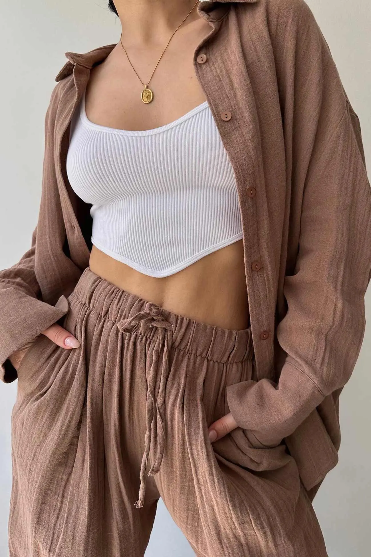 Maxct Lapel Long Sleeve Shirt Strappy Long Pants Suits