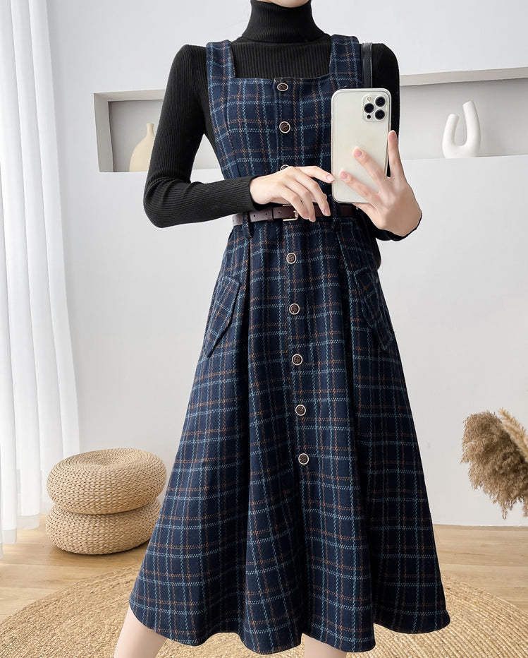 Button Up Plaid Pinafore Dress Maxct