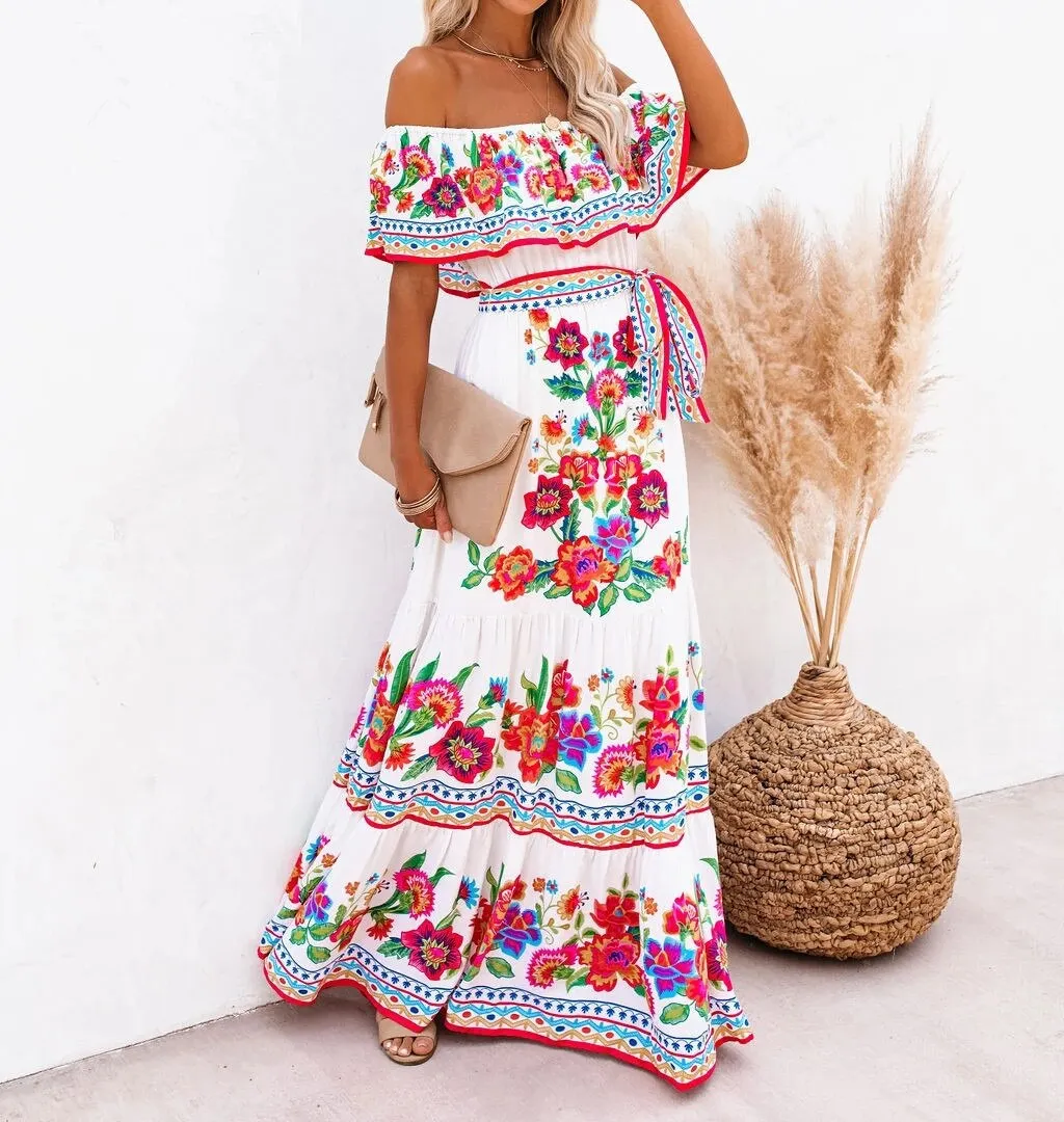 Maxct Printed Vintage Long Dresses For Women Sexy Off-Shoulder Ruffle Fashion Boho Party Maxi Dress Ladies Beach Sundress 9967