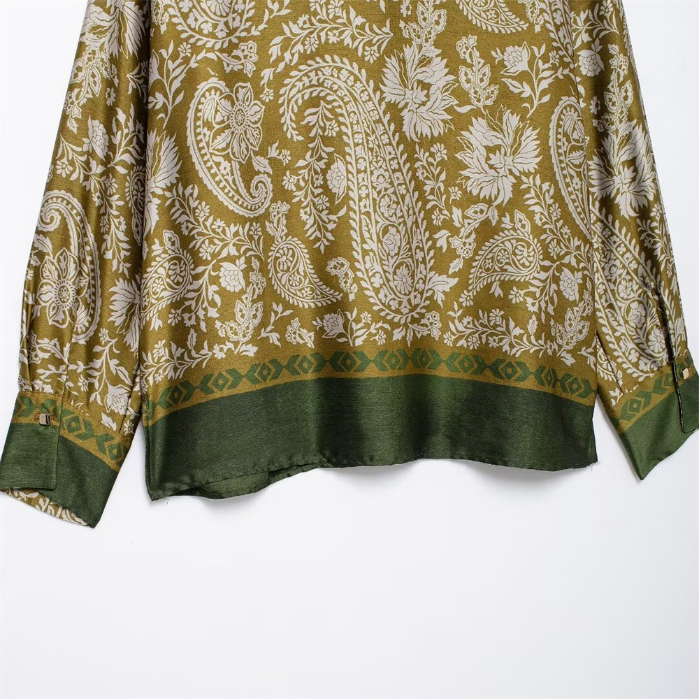 Autumn New Women's Fashion Versatile Collar Long Sleeve Shirt Silk Texture Printed Pants Casual Set