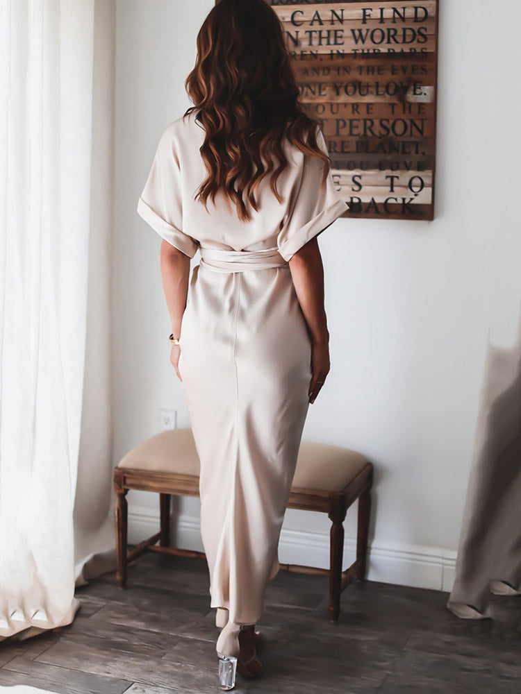 Satin Pleated Bandage Shirt Dress Maxct