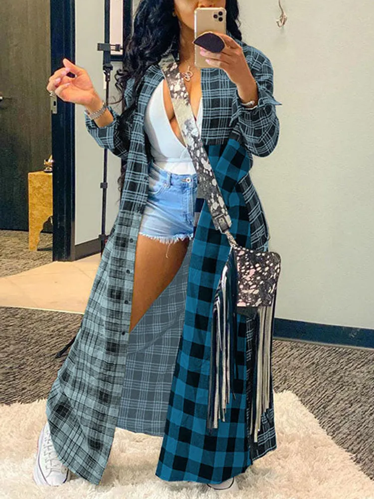Plaid Turndown Collar Dresses Coat Maxct