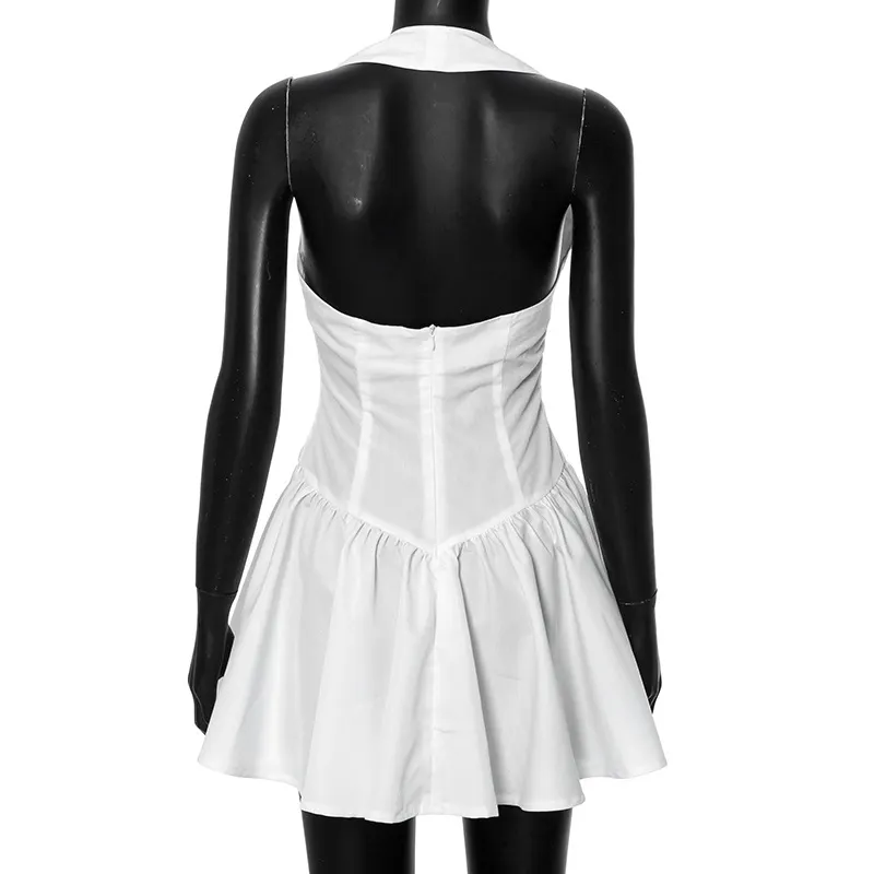 Frill Mini Halter Dress For Women Splice Sexy Backless A-Line Hem Lace Up High Waisted Female Beach Black Bodycon Dress